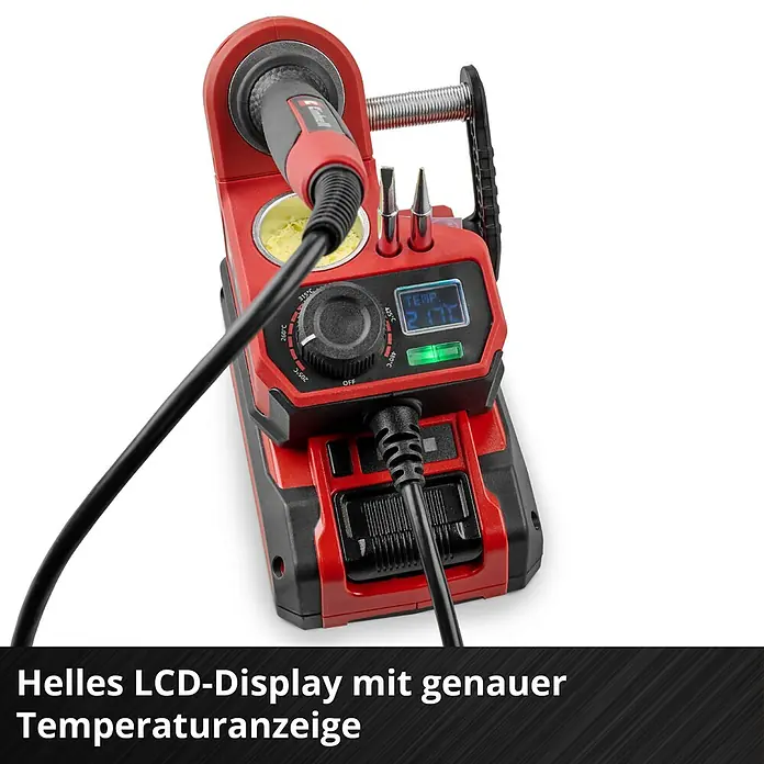 Einhell Power X-Change 18V Akku-Lötkolben TE-SI 18/480 LI E - Solo - 18 V - Nahaufnahme einer roten Einhell Lötstation mit digitalem Display und Temperaturregler.