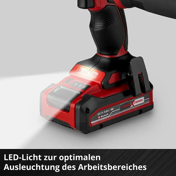 Einhell Power X-Change 18V Akku-Schlagbohrschrauber TP-CD 18/70 Li-i BL - 18 V, 1 Akku, 3 Ah, 70 Nm - Detailaufnahme eines Einhell Akku-Schraubers mit Power X-Change Akku und integriertem LED-Licht zur Ausleuchtung des Arbeitsbereichs.