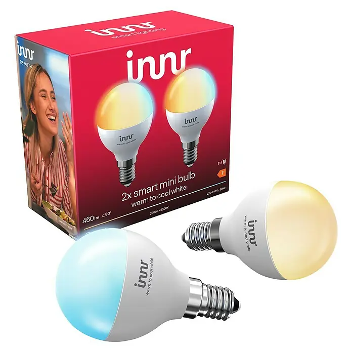 Innr Lighting Smart-LED-Lampe - E14, Dimmbar, RGBW, 460 lm, 4,5 W, 1 Stk. - Abbildung von smarten Mini-Glühbirnen von Innr, die warmweißes in kaltweißes Licht verwandeln können.