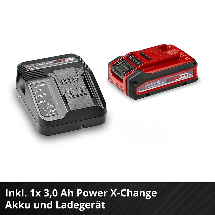 Einhell Power X-Change 18V Akku-Schlagbohrschrauber TP-CD 18/70 Li-i BL - 18 V, 1 Akku, 3 Ah, 70 Nm - Abbildung eines Einhell Power X-Change Akkus und Ladegeräts. Kompatibel mit der Power X-Change Familie.