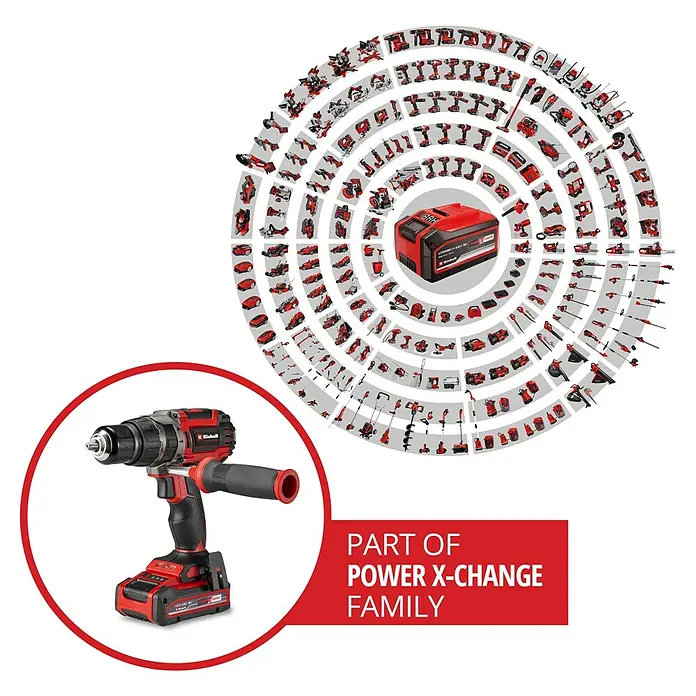 Einhell Power X-Change 18V Akku-Schlagbohrschrauber TP-CD 18/70 Li-i BL - 18 V, 1 Akku, 3 Ah, 70 Nm - Einhell Akku-Bohrschrauber im roten Kreis, umgeben von anderen Einhell-Werkzeugen. Teil der Power X-Change Familie.