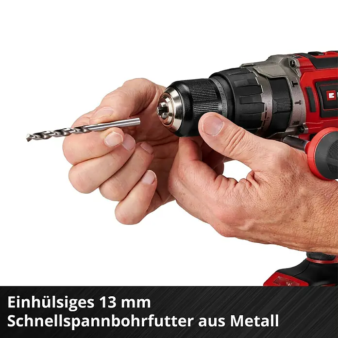 Einhell Power X-Change 18V Akku-Schlagbohrschrauber TP-CD 18/70 Li-i BL - 18 V, 1 Akku, 3 Ah, 70 Nm - Einhand-Schnellspannbohrfutter aus Metall mit 13 mm Kapazität für schnellen und einfachen Bohrerwechsel bei der roten Akku-Bohrmaschine.