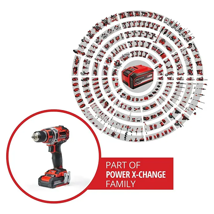 Einhell Power X-Change 18V Akku-Schlagbohrschrauber TP-CD 18/50 Li-i BL Solo - 18 V, 2 Akkus, 2 Ah, 50 Nm - Einhell Akku-Bohrschrauber im roten Kreis. Teil der Power X-Change Familie, dargestellt durch eine Vielzahl von Werkzeugen und Geräten im Hintergrund.