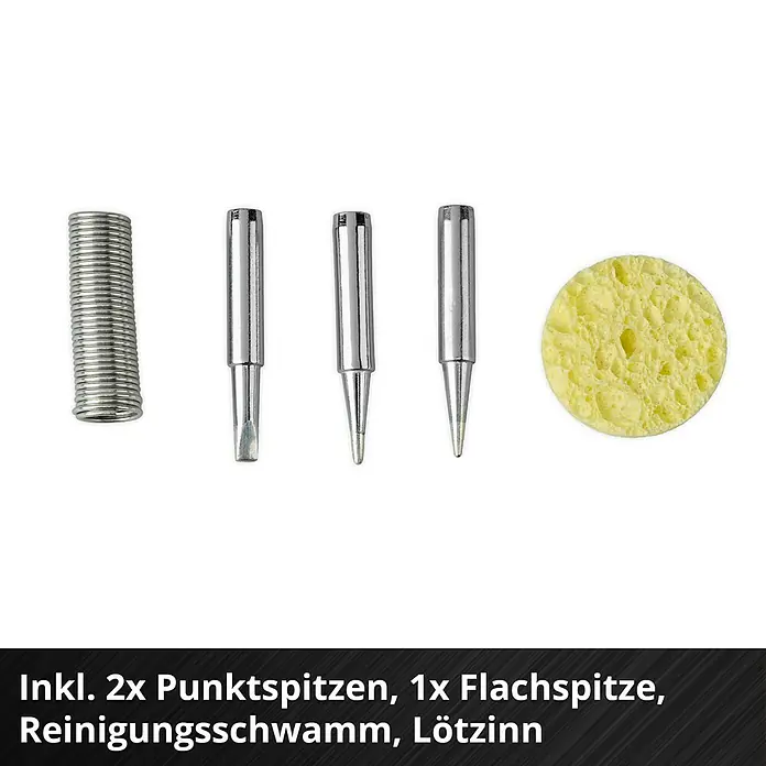 Einhell Power X-Change 18V Akku-Lötkolben TE-SI 18/480 LI E - Solo - 18 V - Lötspitzen-Set: Enthält 2x Punktspitzen, 1x Flachspitze, Reinigungsschwamm und Lötzinn für vielseitige Lötarbeiten.