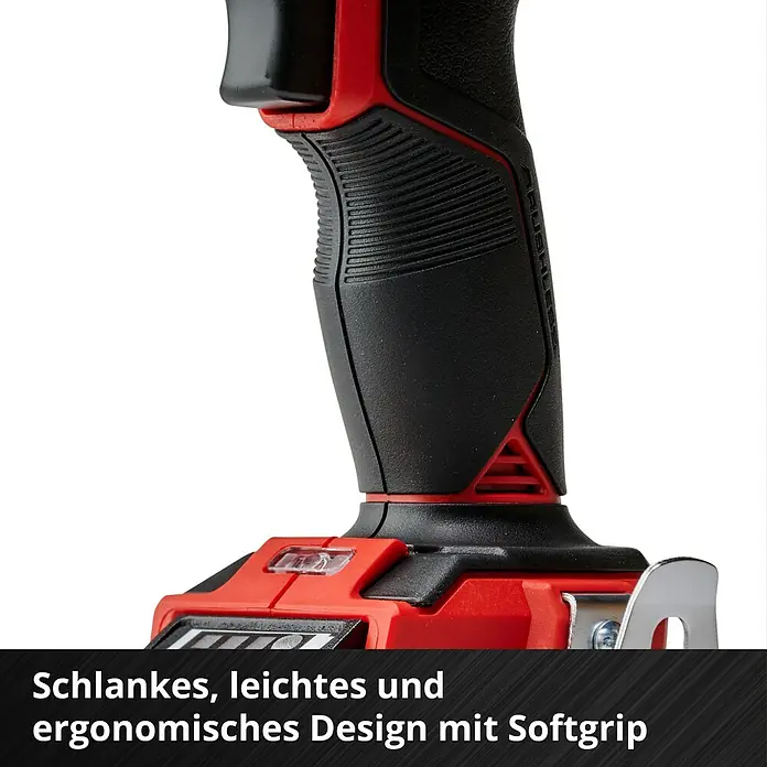 Einhell Power X-Change 18V Akku-Schlagbohrschrauber TP-CD 18/50 Li-i BL Solo - 18 V, 2 Akkus, 2 Ah, 50 Nm - Bild einer Akku-Schlagschraubers mit schlankem, leichtem, ergonomischem Design und Softgrip für bequemes und sicheres Arbeiten.