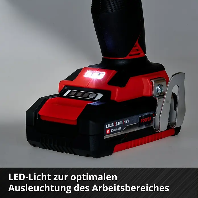 Einhell Power X-Change 18V Akku-Schlagbohrschrauber TP-CD 18/50 Li-i BL Solo - 18 V, 2 Akkus, 2 Ah, 50 Nm - Nahaufnahme eines Akku-Bohrschraubers mit LED-Licht zur optimalen Ausleuchtung des Arbeitsbereichs.