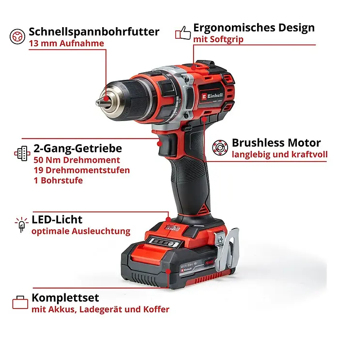 Einhell Power X-Change 18V Akku-Schlagbohrschrauber TP-CD 18/50 Li-i BL Solo - 18 V, 2 Akkus, 2 Ah, 50 Nm - Bild einer roten Einhell Akku-Bohrmaschine mit 13mm Schnellspannbohrfutter und ergonomischem Softgrip-Design.