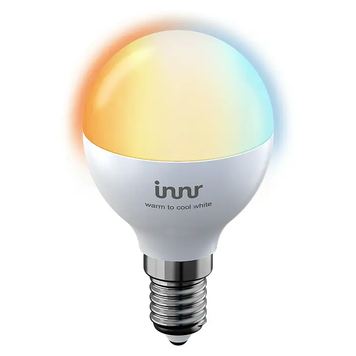 Innr Lighting Smart-LED-Lampe - E14, Dimmbar, RGBW, 460 lm, 4,5 W, 1 Stk. - Das Bild zeigt eine smarte Innr-Glühbirne, die warmes zu kaltweißem Licht bietet und eine moderne Beleuchtungslösung darstellt.