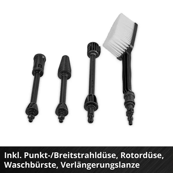 Einhell Power X-Change 18V Akku-Hochdruckreiniger Hypresso 36/105 - 36 V, Ohne Akku - Das Bild zeigt ein Set mit verschiedenen Hochdruckdüsen und einer Waschbürste. Das Zubehör ist für die Reinigung verschiedener Oberflächen gedacht.
