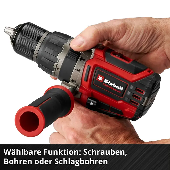 Einhell Power X-Change 18V Akku-Schlagbohrschrauber TP-CD 18/70 Li-i BL - 18 V, 1 Akku, 3 Ah, 70 Nm - Nahaufnahme eines Einhell Professional Akku-Bohrschraubers in roter und schwarzer Farbe, der von einer Hand gehalten wird.