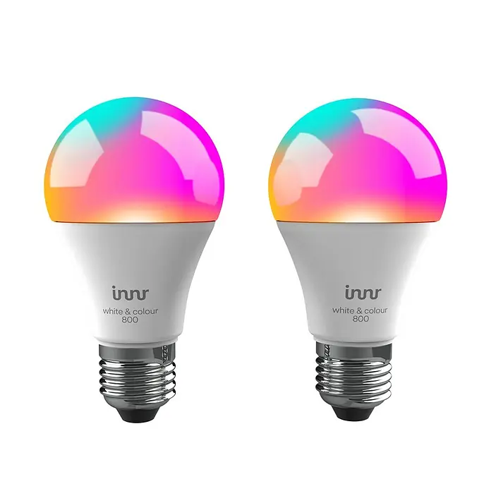 Innr Lighting Smart-LED-Lampen Set - E27, Dimmbar, RGBW, 400 lm, 8,6 W, 2 Stk. - Zwei smarte Innr-Glühbirnen mit Farbwechsel, perfekt für stimmungsvolle Beleuchtung und smarte Steuerung im Haus.