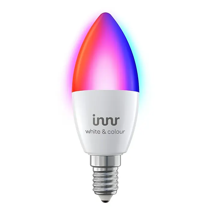 Innr Lighting Smart-LED-Lampe - E14, Dimmbar, RGBW, 500 lm, 4,9 W, 1 Stk. - Nahaufnahme einer Innr Smart LED-Lampe mit Farbwechsel und weißem Licht, ideal für stimmungsvolle Beleuchtung in jedem Zuhause.