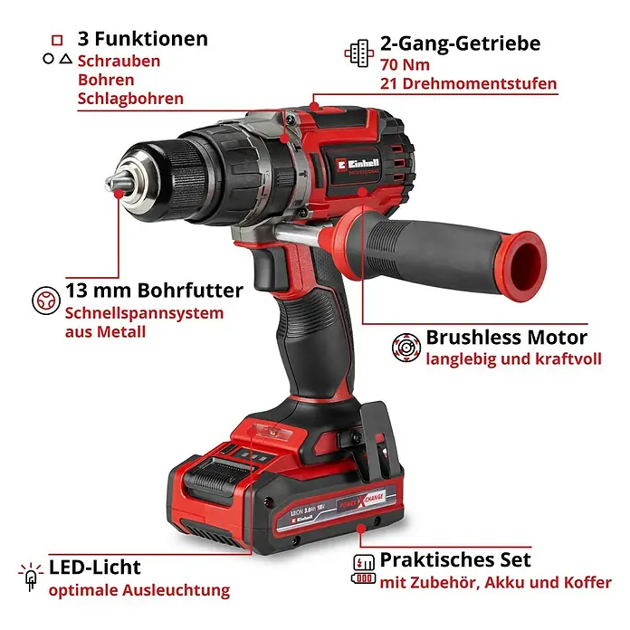 Einhell Power X-Change 18V Akku-Schlagbohrschrauber TP-CD 18/70 Li-i BL - 18 V, 1 Akku, 3 Ah, 70 Nm - Abbildung eines Einhell Akku-Schlagbohrschraubers mit diversen Aufsätzen und Zubehörteilen, ideal für Heimwerkerprojekte.