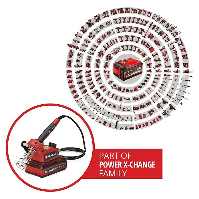 Einhell Power X-Change 18V Akku-Lötkolben TE-SI 18/480 LI E - Solo - 18 V - Abbildung des Einhell Akku-Lötkolbens mit Akku und Kreisdiagramm mit Einhell Power X-Change Produkten im Hintergrund.
