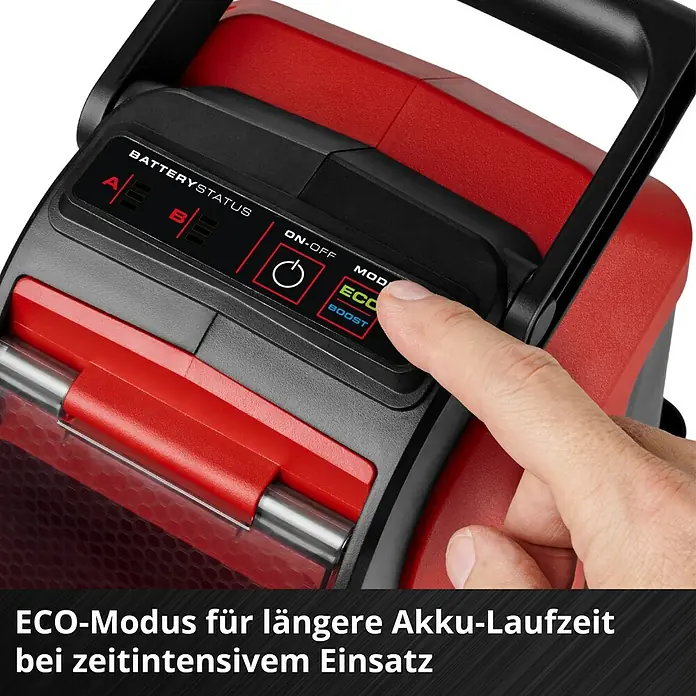 Einhell Power X-Change 18V Akku-Hochdruckreiniger Hypresso 36/105 - 36 V, Ohne Akku - Detailaufnahme eines roten Reinigungsgeräts mit Bedienelementen für Batteriestatus und Modusauswahl, ECO-Modus wird aktiviert.