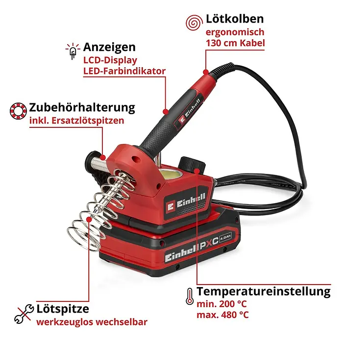 Einhell Power X-Change 18V Akku-Lötkolben TE-SI 18/480 LI E - Solo - 18 V - Abbildung eines Einhell Akku-Lötkolbens mit Zubehör, der durch sein ergonomisches Design und die Temperaturregelung besticht.