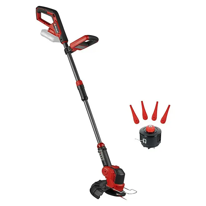 Einhell Power X-Change 18V Akku-Rasentrimmer GE-CT 18/25-1 - 18 V, Li-Ionen, Ohne Akku, Schnittbreite Messer: 25 cm, Schnittbreite Faden: 25 cm - Ein akkubetriebener Rasentrimmer von Einhell. Das Gerät ist rot und schwarz und wird mit Akku betrieben für den flexiblen Einsatz im Garten.