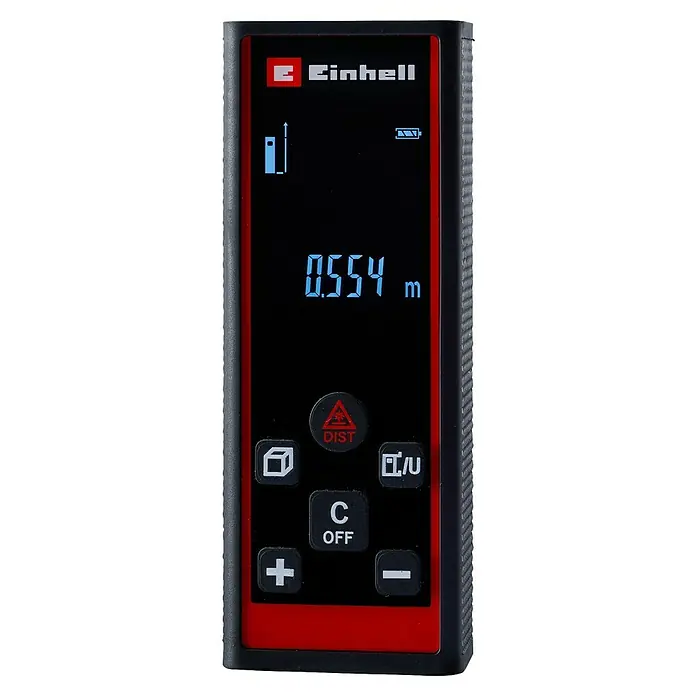 Einhell Laserentfernungsmesser TC-LD 60 R - Messbereich: 0,05 - 60 m, Ohne Batterien - Nahaufnahme eines Einhell Laser-Entfernungsmessers mit digitaler Anzeige und Tasten für verschiedene Funktionen.