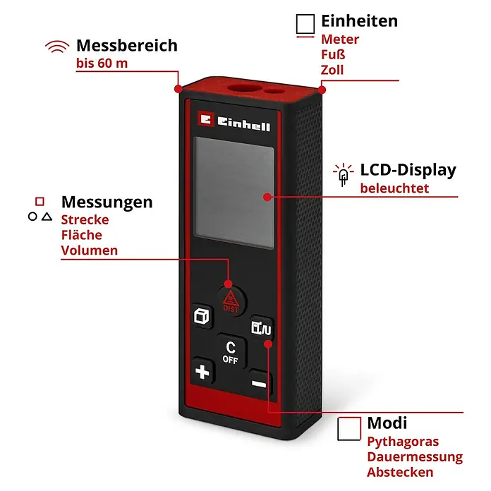 Einhell Laserentfernungsmesser TC-LD 60 R - Messbereich: 0,05 - 60 m, Ohne Batterien - Abbildung eines Einhell Laser-Entfernungsmessers mit einer Messbereich von bis zu 60 m, LCD-Display und verschiedenen Messfunktionen.