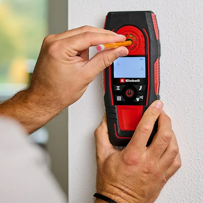 Einhell Ortungsgerät TE-MD 80 - Geeignet für: Aufspüren von spannungsführenden Leitungen, Holz und Metall - Wandscanner mit Bleistift, um die Position zu markieren. Das Gerät von Einhell hilft beim Auffinden von Objekten in Wänden.