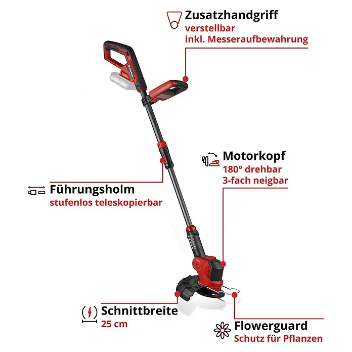 Einhell Power X-Change 18V Akku-Rasentrimmer GE-CT 18/25-1 - 18 V, Li-Ionen, Ohne Akku, Schnittbreite Messer: 25 cm, Schnittbreite Faden: 25 cm - Abbildung eines Rasentrimmers mit Zusatzhandgriff, verstellbarem Führungsholm, drehbarem Motorkopf und Flowerguard zum Schutz der Pflanzen.