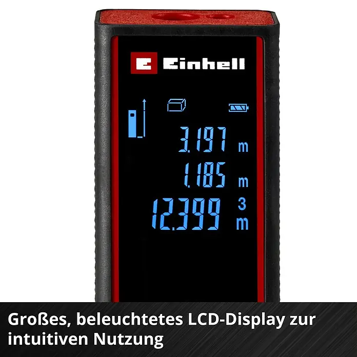 Einhell Laserentfernungsmesser TC-LD 60 R - Messbereich: 0,05 - 60 m, Ohne Batterien - Nahaufnahme eines Einhell Laser-Entfernungsmessers mit digitaler Anzeige, die Messwerte anzeigt.