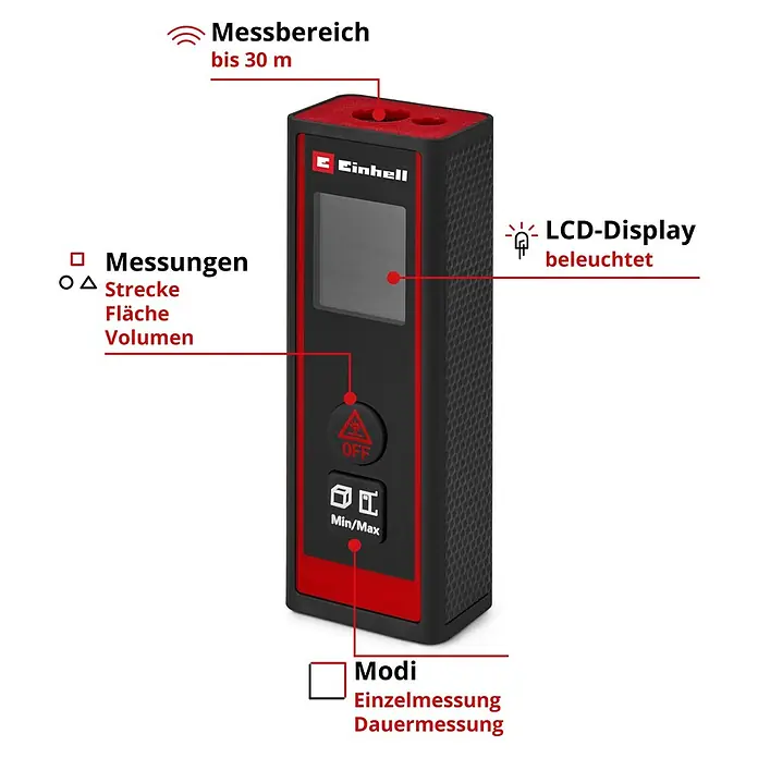 Einhell Laserentfernungsmesser TC-LD 30 R - Messbereich: 0,05 - 30 m, Ohne Batterien - Produktbild eines Einhell Laser-Entfernungsmessers mit rotem und schwarzem Design und gut sichtbaren Funktionselementen.