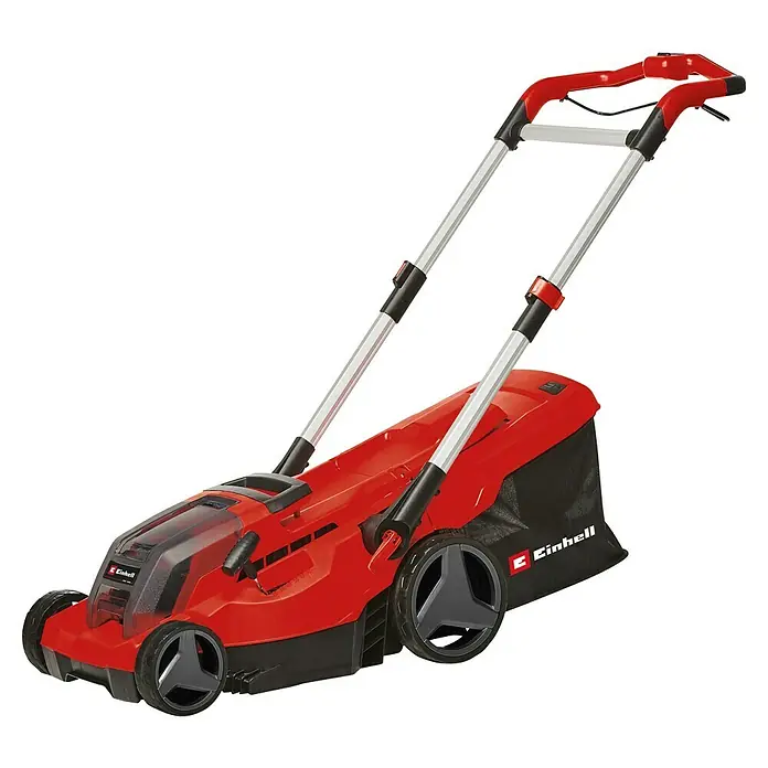 Einhell Power X-Change 18V Akku-Rasenmäher GP-CM 36/450 - 2 Akkus, Schnittbreite: 380 mm - Ein roter Einhell Akku-Rasenmäher mit silberfarbenem Griff und schwarzem Fangkorb vor schwarzem Hintergrund.