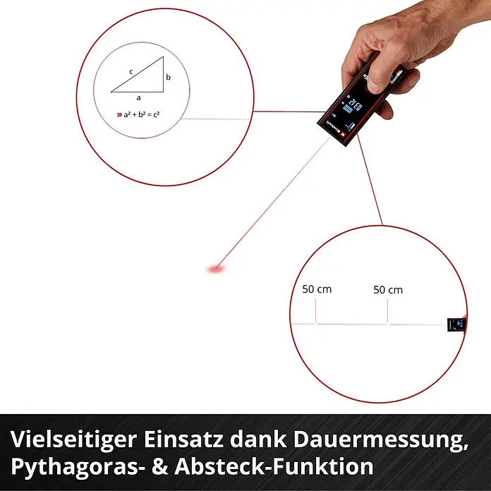 Einhell Laserentfernungsmesser TC-LD 60 R - Messbereich: 0,05 - 60 m, Ohne Batterien - Bild eines Einhell Laser-Entfernungsmessers mit Abbildung des Satzes von Pythagoras und Entfernungen.