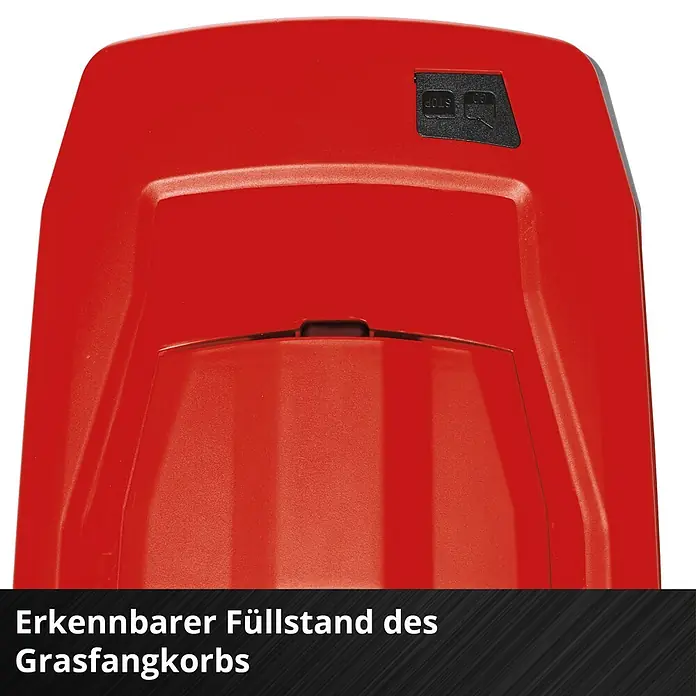 Einhell Power X-Change 18V Akku-Rasenmäher GP-CM 36/450 - 2 Akkus, Schnittbreite: 380 mm - Erkennbarer Füllstand des Grasfangkorbs. Der Rasenmäher-Auffangkorb mit Füllstandsanzeige ermöglicht einfaches Ablesen.