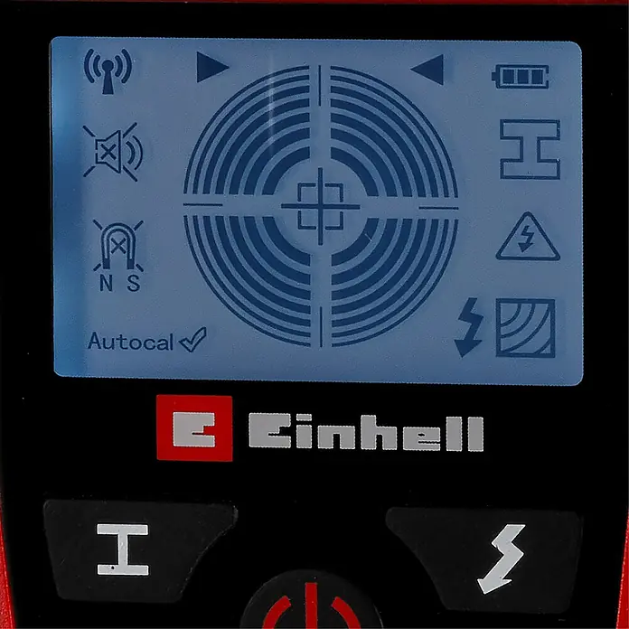 Einhell Ortungsgerät TE-MD 80 - Geeignet für: Aufspüren von spannungsführenden Leitungen, Holz und Metall - Nahaufnahme des Einhell Ortungsgeräts mit detaillierter Anzeige.