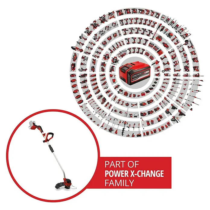 Einhell Professional Akku-Rasentrimmer GP-CT 36/35 Li BL - 36 V, Li-Ionen, Ohne Akku, Schnittbreite Faden: 35 cm - Abbildung eines Einhell Akku-Rasentrimmers, Teil der Power X-Change Familie, umgeben von anderen Werkzeugen und einer Batterie.