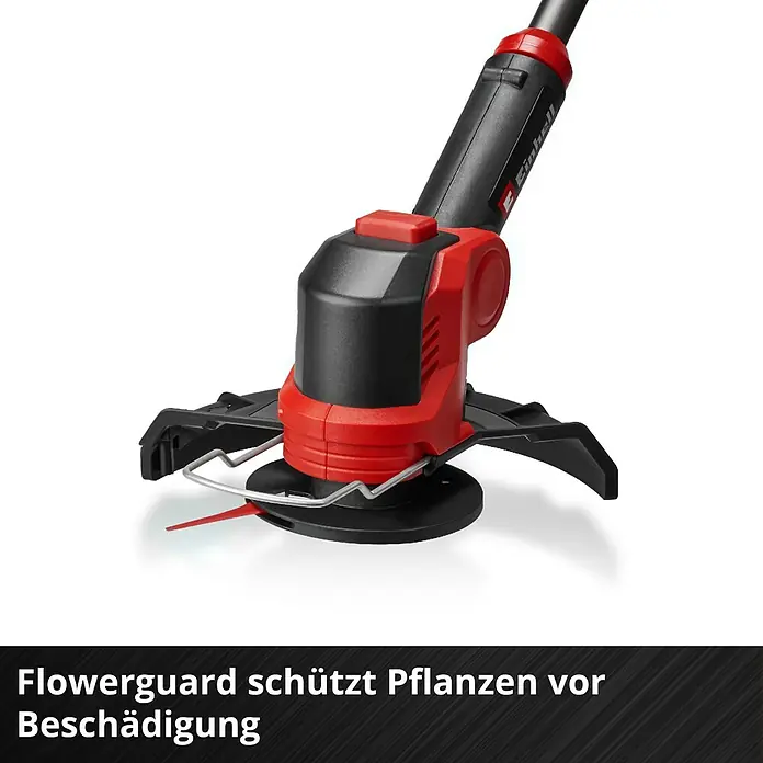 Einhell Power X-Change 18V Akku-Rasentrimmer GE-CT 18/25-1 - 18 V, Li-Ionen, Ohne Akku, Schnittbreite Messer: 25 cm, Schnittbreite Faden: 25 cm - Nahaufnahme eines Einhell Rasentrimmers mit Blumenschutz. Der Trimmer ist rot und schwarz.