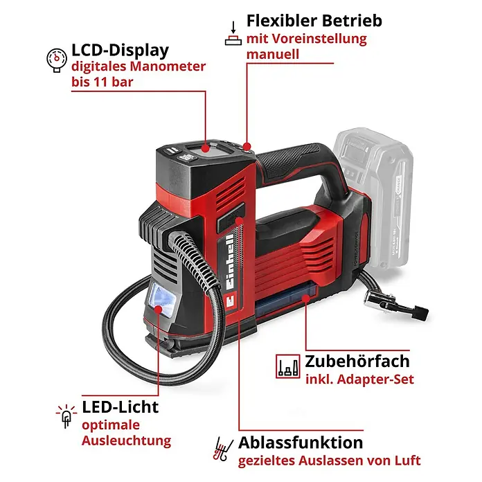 Einhell Power X-Change 18V Akku-Kompressor CE-CC 18/23 D Li-Solo - 18 V, Ohne Akku, 11 bar - Abbildung einer roten Einhell Akku-Luftpumpe mit digitalem Manometer und LED-Licht, ideal zum Aufpumpen von Reifen.