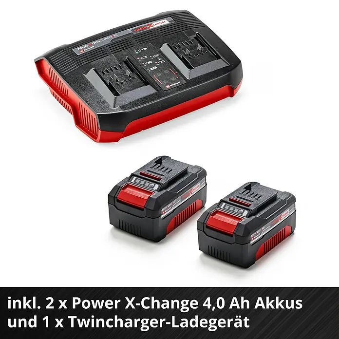 Einhell Power X-Change 18V Akku-Rasenmäher GP-CM 36/450 - 2 Akkus, Schnittbreite: 380 mm - Abbildung eines Einhell Power X-Change Twinchargers mit zwei 4,0 Ah Akkus.
