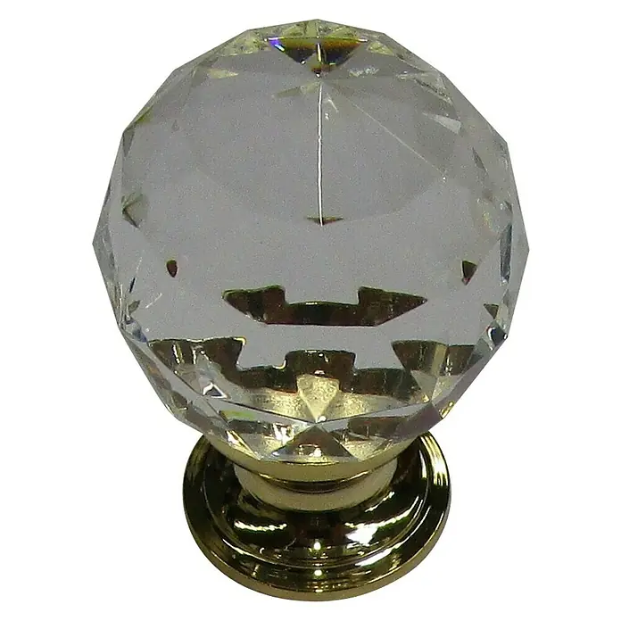 Häfele Möbelknopf - Durchmesser: 25 mm, Kunststoff, Transparent - Nahaufnahme eines Kristallglas-Türknaufs mit goldenem Sockel. Elegantes Design für Möbel.