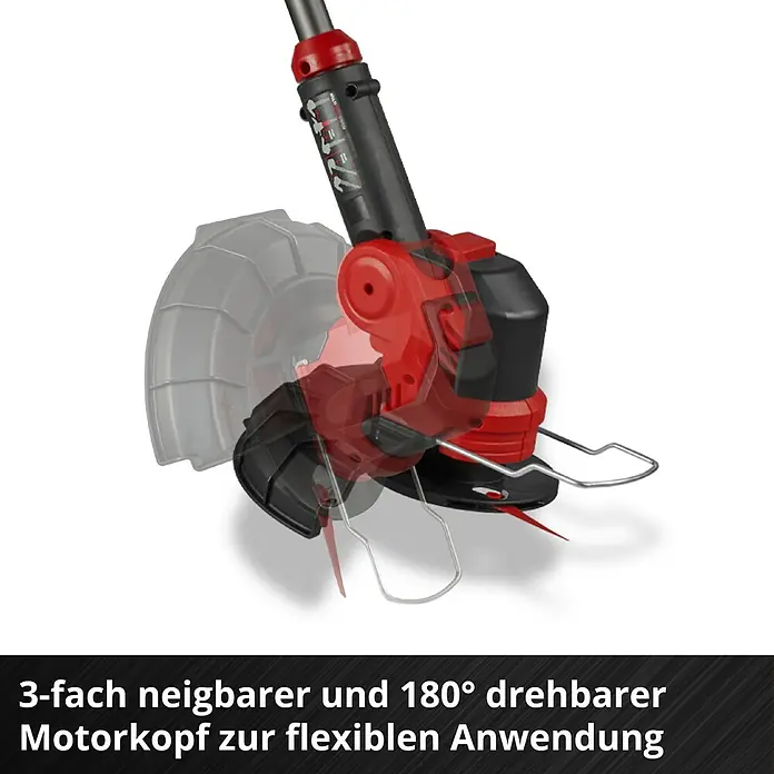 Einhell Power X-Change 18V Akku-Rasentrimmer GE-CT 18/25-1 - 18 V, Li-Ionen, Ohne Akku, Schnittbreite Messer: 25 cm, Schnittbreite Faden: 25 cm - Detailaufnahme eines Rasentrimmers mit dreifach neigbarem und 180° drehbarem Motorkopf für flexible Anwendung.