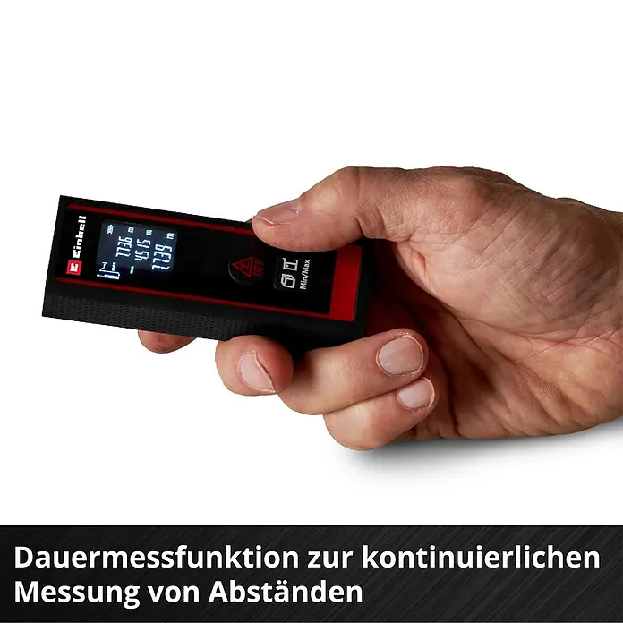 Einhell Laserentfernungsmesser TC-LD 30 R - Messbereich: 0,05 - 30 m, Ohne Batterien - Nahaufnahme eines Einhell-Laserentfernungsmessers in einer Hand, der Messwerte auf dem Display anzeigt.