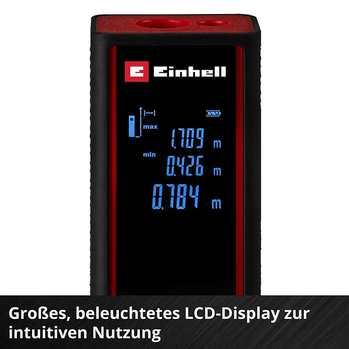 Einhell Laserentfernungsmesser TC-LD 30 R - Messbereich: 0,05 - 30 m, Ohne Batterien - Nahaufnahme eines Einhell Laser-Entfernungsmessers mit beleuchtetem LCD-Display zur intuitiven Nutzung.