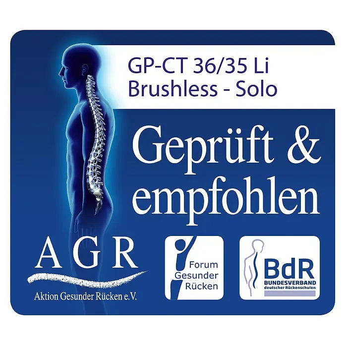 Einhell Professional Akku-Rasentrimmer GP-CT 36/35 Li BL - 36 V, Li-Ionen, Ohne Akku, Schnittbreite Faden: 35 cm - Eine Abbildung des AGR-Logos, das ein Gesundheitsprodukt auszeichnet, das Rückenschmerzen lindert und die Körperhaltung verbessert.