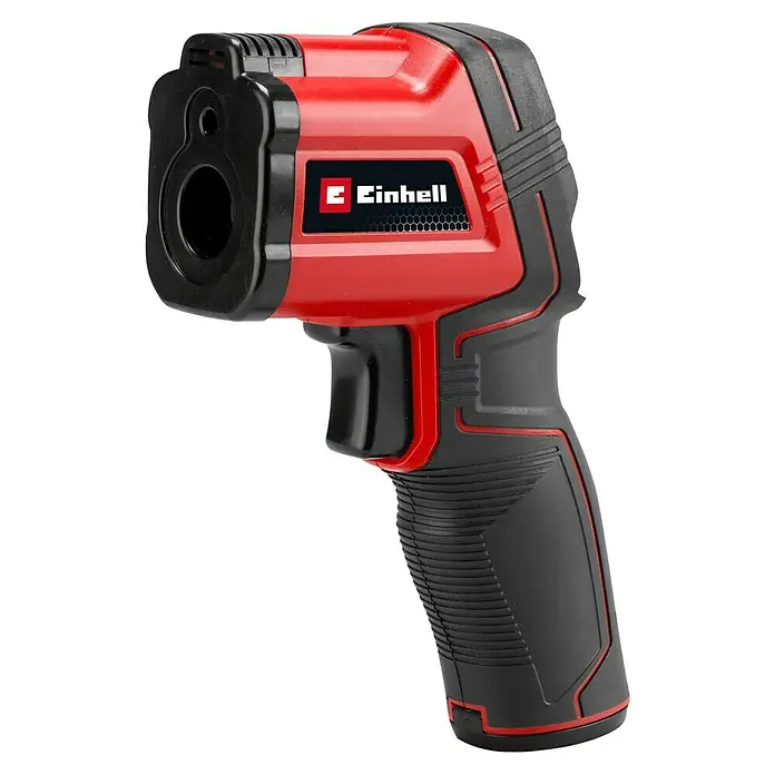 Einhell Infrarot-Thermometer TC-IT 550 - Messbereich Temperatur: -50 °C - 550 °C, Ohne Batterien - Nahaufnahme eines roten und schwarzen Einhell Infrarot-Thermometers mit ergonomischem Griff.