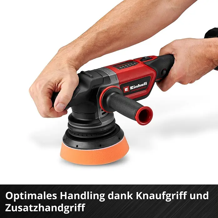 Einhell Power X-Change 18V Akku-Exzenterpolierer CP-EP 18/125 Li BL-Solo - 18 V, Ohne Akku, Durchmesser Polierteller: 125 mm - Eine Poliermaschine Einhell, die mit zwei Händen gehalten wird, mit orangem Polieraufsatz, für optimale Handhabung dank Knauf- und Zusatzhandgriff.
