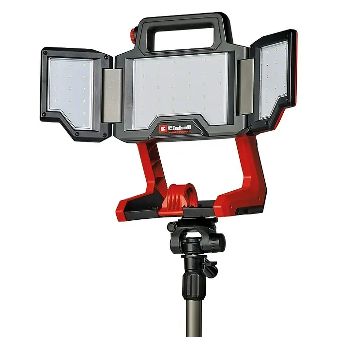 Einhell Stativ TRIPOD 85-170 - Passend für: Einhell Akku-Lampe TP-CL 18/3000 Li, Einhell Kreuzlinienlaser TC-LL 2 und TE-LL 360 - Das Bild zeigt eine Einhell LED-Baustrahler auf einem Stativ, ideal für professionelle Anwendungen mit hoher Lichtleistung.
