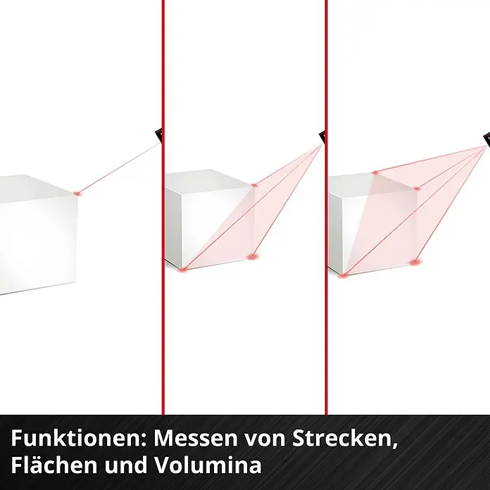 Einhell Laserentfernungsmesser TC-LD 30 R - Messbereich: 0,05 - 30 m, Ohne Batterien - Illustration eines Laser-Entfernungsmessers, der Strecken, Flächen und Volumina misst.