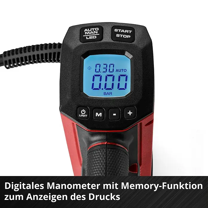 Einhell Power X-Change 18V Akku-Kompressor CE-CC 18/23 D Li-Solo - 18 V, Ohne Akku, 11 bar - Digitales Manometer mit Memory-Funktion zur Druckanzeige. Das rote und schwarze Gerät zeigt präzise Messergebnisse.