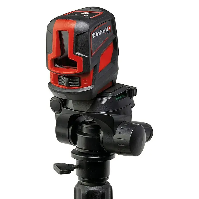 Einhell Stativ TRIPOD 85-170 - Passend für: Einhell Akku-Lampe TP-CL 18/3000 Li, Einhell Kreuzlinienlaser TC-LL 2 und TE-LL 360 - Das Bild zeigt einen Einhell Kreuzlinienlaser TCL 2 auf einem Stativ, ideal für präzise Ausrichtung bei Bau- und Renovierungsarbeiten.