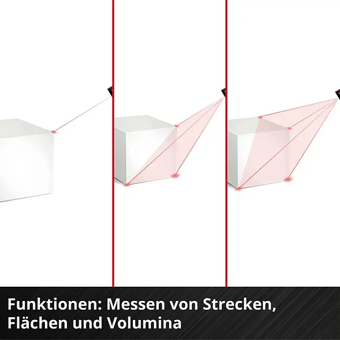 Einhell Laserentfernungsmesser TC-LD 60 R - Messbereich: 0,05 - 60 m, Ohne Batterien - Funktionsübersicht eines Geräts zur Strecken-, Flächen- und Volumenmessung mit Lasertechnologie für präzise Ergebnisse.