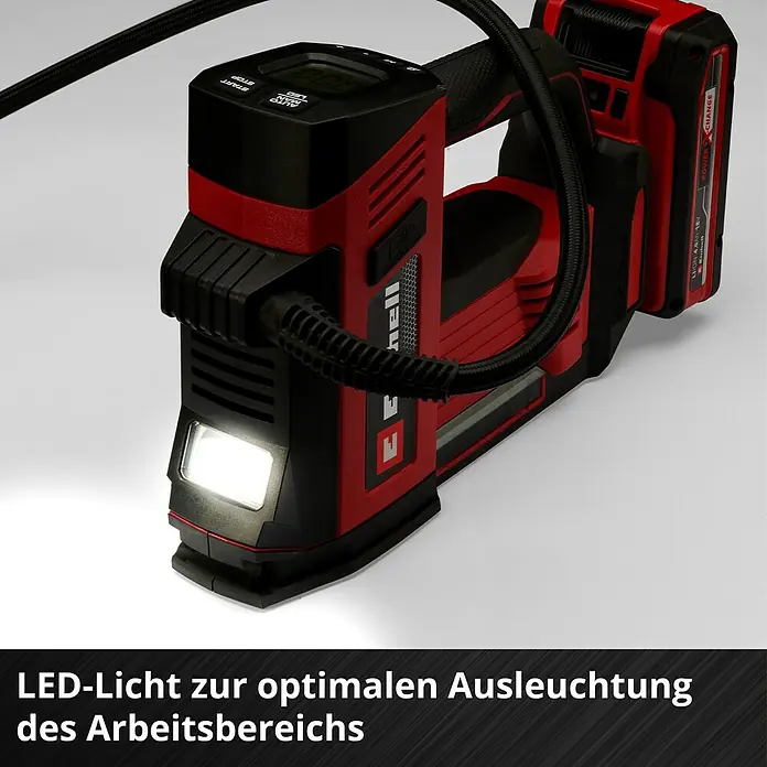 Einhell Power X-Change 18V Akku-Kompressor CE-CC 18/23 D Li-Solo - 18 V, Ohne Akku, 11 bar - Der Einhell Akku-Kompressor PRESSITO 18/21 im Detail, mit LED-Licht für optimale Ausleuchtung des Arbeitsbereichs und rotem Design.