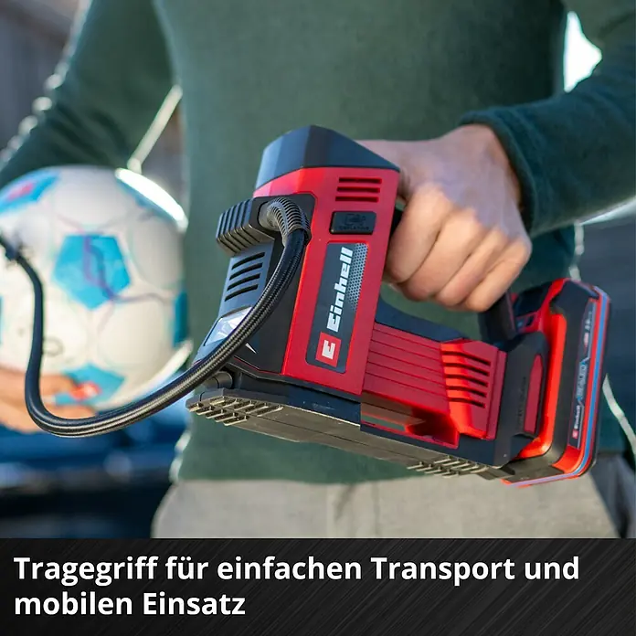 Einhell Power X-Change 18V Akku-Kompressor CE-CC 18/23 D Li-Solo - 18 V, Ohne Akku, 11 bar - Tragbarer Einhell Akku-Kompressor für flexiblen Einsatz. Praktischer Tragegriff für einfachen Transport zum Aufpumpen von Bällen und Reifen.