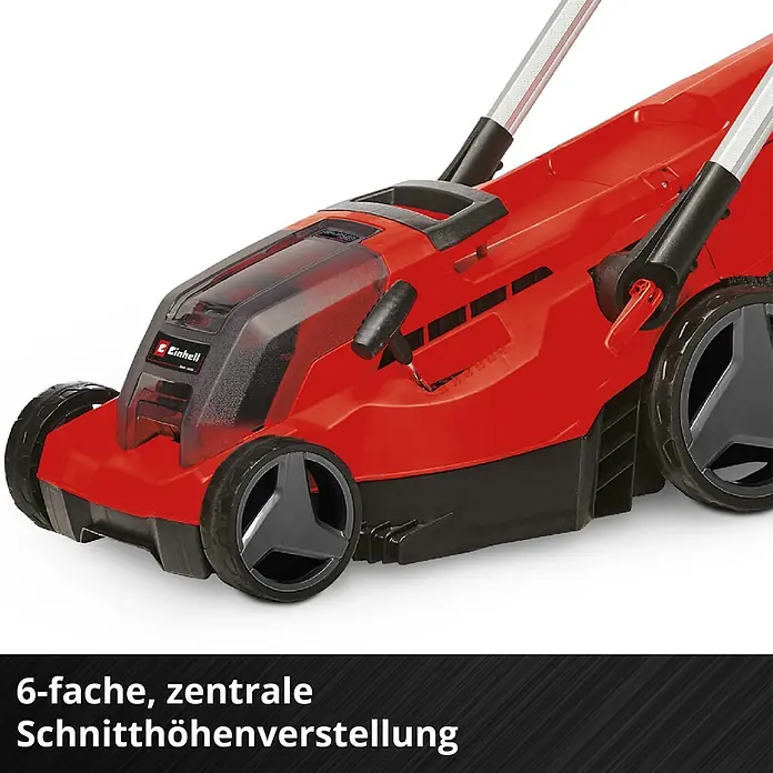 Einhell Power X-Change 18V Akku-Rasenmäher GP-CM 36/450 - 2 Akkus, Schnittbreite: 380 mm - Detailaufnahme eines roten Einhell Rasenmähers mit zentraler Schnitthöhenverstellung. Perfekt für präzise Rasenpflege.